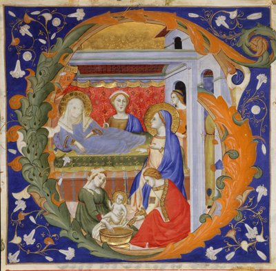 Iluminação Manuscrito com o Nascimento da Virgem em inicial G, de um Gradual, italiano, ca. 1 de Silvestro dei Gherarducci