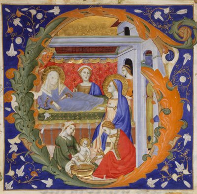 Iluminação Manuscrito com o Nascimento da Virgem em G inicial, de um Gradual, ca. 1375. de Silvestro dei Gherarducci