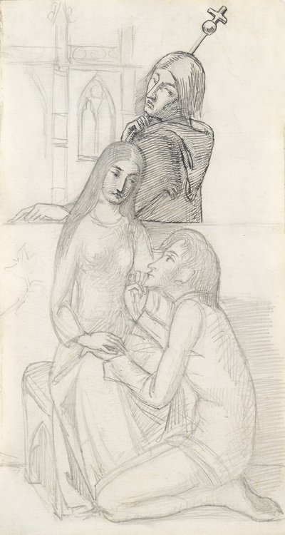 Romeu e Julieta, com Frei Lourenço (lápis, caneta e tinta no papel) de Simeon Solomon