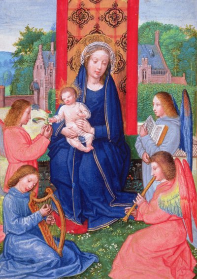Exemplo: 2125 f.157v Madonna e Child com anjos tocando instrumentos, das Horas de Joana de Ghistelles, c.1516 (velino) de Simon (attr. to) Bening