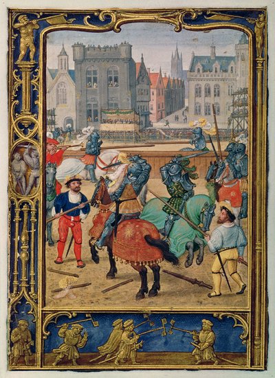Adicionar 24098 f.23v Junho: Justa e um jogo com cavalos de pau, de um Livro de Horas, ou o Livro de Golfe, c.1520-30 (velino) de Simon (workshop of) Bening