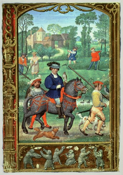 Adicionar 24098 f.24v Julho: Falcoaria, feno e caça de borboletas, de um Livro de Horas, ou o Livro de Golfe, c.1520-30 (velino) de Simon (workshop of) Bening