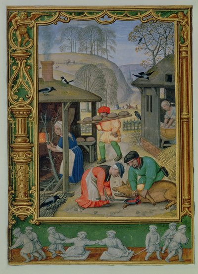 Adicionar 24098 f.29v Dezembro: Preparar comida para o inverno, fazer pão e matar um porco, de um Livro de Horas, ou o Livro de Golfe, c.1520-30 (velino) de Simon (workshop of) Bening