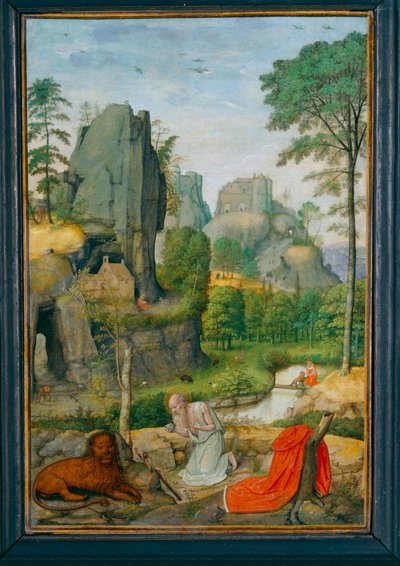 Paysage avec saint Jerôme penitent et la guerison du lion - Paisagem com São Jerónimo penitente e a cura do leão ... de Simon Bening
