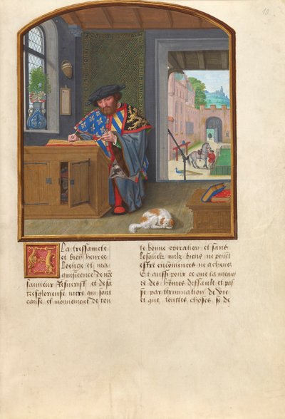 O Rei das Armas da Ordem do Tosão de Ouro. Escrevendo sobre Jacques de Lalaing, c.1530-40 (têmpera, folha de ouro e tinta em pergaminho) de Simon Bening