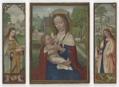 Virgem e o Menino; Santos Catarina e Bárbara, c.1520 (têmpera sobre velino) de Simon Bening