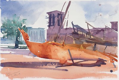 Dubai, Barcos e Torres Eólicas, 2004 (aguarela sobre papel) de Simon Fletcher