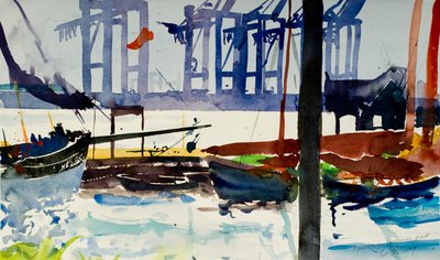 Hamburgo, porto de contentores, 2009 (aguarela) de Simon Fletcher