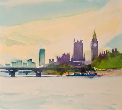 Westminster a partir da ponte pedonal II, 2016 (aguarela) de Simon Fletcher