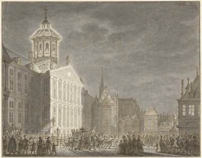 Iluminação da Câmara Municipal para William V e Wilhelmina da Prússia, 1768 de Simon Fokke