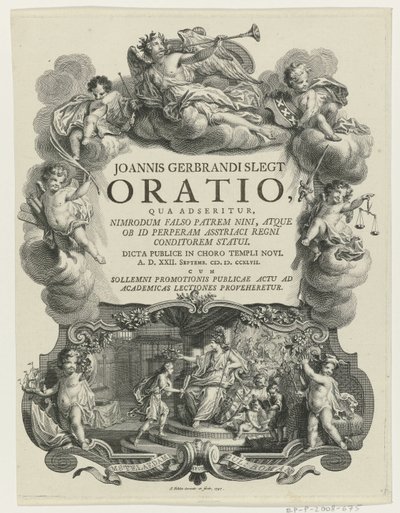 Minerva aplaude um jovem com touro
Página de título para: J.G. Slegt, Oratio, qua adseritur, Nimrodum falso patrem Nini (...), 1747 de Simon Fokke