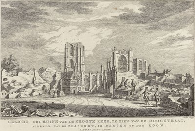 Ruína da Grande Igreja de Bergen op Zoom, 1748 Vista das ruínas do Groote Kerk, vistas do Hoogstraat, vindo do Bospoort, em Bergen op den Zoom (título no objeto) Dez faces das ruínas após o cerco e destruição de Bergen op Z de Simon Fokke