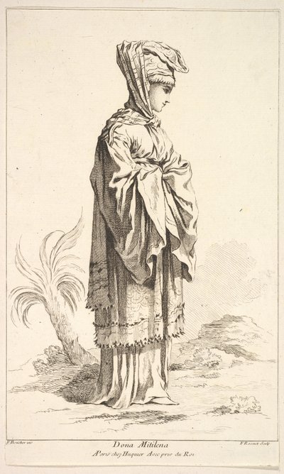 Dona Mitilena, da Coleção de várias figuras estrangeiras Inventada por F. Bouche ..., século XVIII. de Simon Francois Ravenet