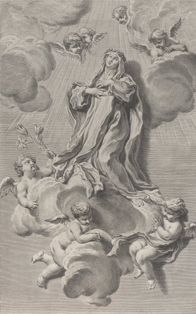 O Êxtase de Santa Catarina de Sena, ajoelhada sobre uma nuvem carregada por anjos, uma de ..., 1729-40. de Simon Francois Ravenet