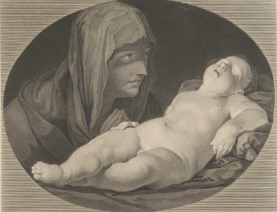 A Virgem em oração, olhando para o menino adormecido Cristo, em uma moldura oval, depois de Reni,..., 1765. de Simon Francois Ravenet