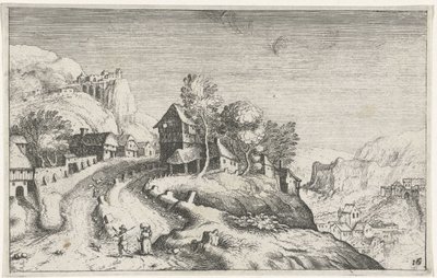 Aldeia em uma paisagem de montanha Diferentes paisagens (título da série) Topographia variaum regionum (título da série) de Simon Frisius (attributed to)