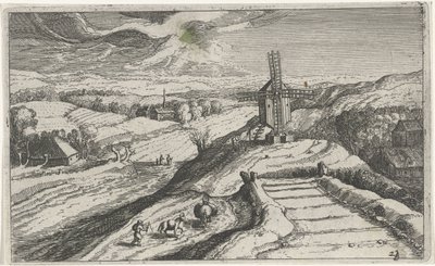 Paisagem montanhosa com um moinho de vento Diferentes paisagens (título da série) Topographia variaum regionum (título da série) de Simon Frisius (attributed to)