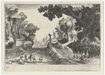 Paisagem florestal com uma cruz ao longo de um caminho
Paisagens do Sul da Europa (título da série)
Topographia variarum regionum (título da série) de Simon Frisius