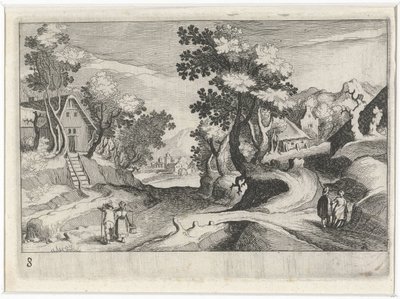 Paisagem montanhosa arborizada com edifícios e figuras
Paisagens do Sul da Europa (título da série)
Topographia variarum regionum (título da série) de Simon Frisius