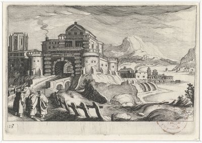 Povo de Emmäus em frente a um portão da cidade em uma paisagem montanhosa Paisagens do sul da Europa (título da série) Topographia variaum regionum (título da série) de Simon Frisius