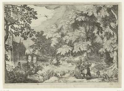Vista de uma floresta com o Castelo de Loenersloot Paisagens com figuras (título da série) de Simon Frisius