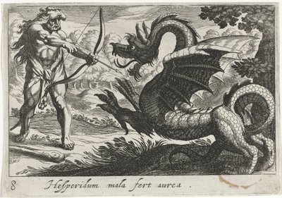 Hércules mata o dragão Ladon Hesperidum mala fert aurea (título no objeto) Temas Hercúleos (título da série) de Simon Frisius