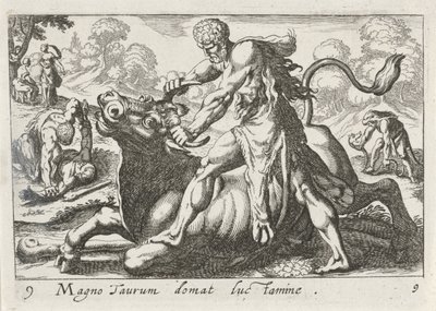 Hércules em batalha com Acheloüs
Magno taurum domat luc tamine (título sobre o objecto)
Temas hercúleos (título da série) de Simon Frisius