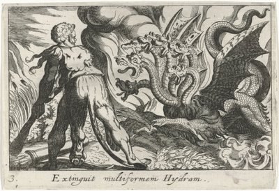 Hércules em batalha com a hidra de Lerna
Extinguir Hydram multiformen (título sobre o objecto)
Temas hercúleos (título da série) de Simon Frisius