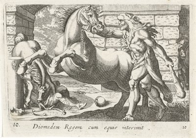 Hércules doma os cavalos de Diomedes
Diomedem Regem cum equis (título sobre o objecto)
Temas hercúleos (título da série) de Simon Frisius