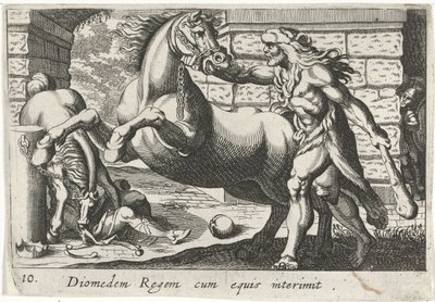 Hércules doma os cavalos de Diomedes
Diomedem Regem cum equis (título sobre o objecto)
Temas hercúleos (título da série) de Simon Frisius