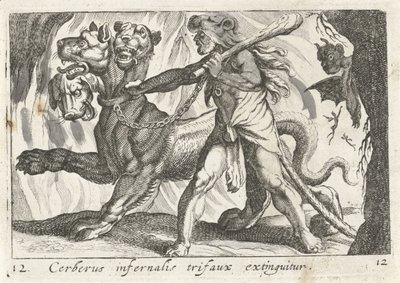 Hércules vinga Cérbero Cerberus infernal trifaux é extinto (título no objeto) Tema de Herculische (título da série) de Simon Frisius