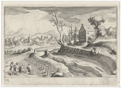 Paisagem montanhosa com uma capela
Paisagens do Sul da Europa (título da série)
Topographia variarum regionum (título da série) de Simon Frisius