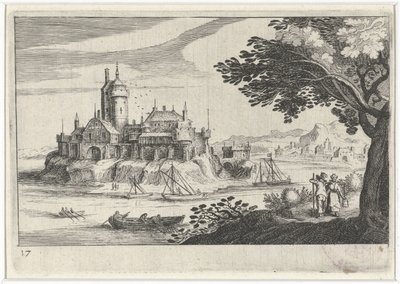Paisagem montanhosa com um castelo em uma ilha Paisagens do sul da Europa (título da série) Topographia variaum regionum (título da série) de Simon Frisius