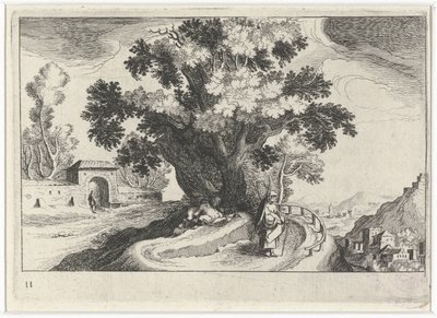 Paisagem montanhosa com fazer amor debaixo de uma árvore Paisagens do sul da Europa (título da série) Topographia variaum regionum (título da série) de Simon Frisius