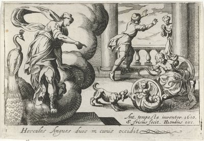 Jonge Hercules wurgt twee slangen
Hercules Angues duos in cunis occidit (título sobre o objecto)
Herculische thema