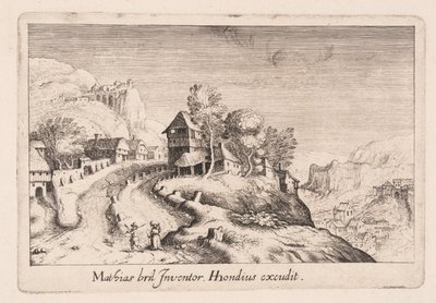 Paisagem com um caminho para uma montanha através de uma aldeia, de Topographia Variarum Regionum de Simon Frisius