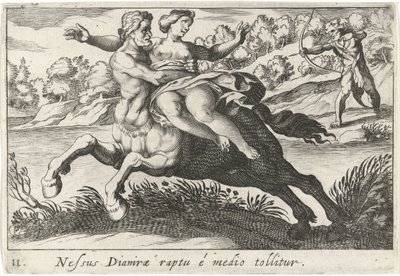 Nessus tenta sacudir Deïanira te O vínculo de Dianira é retirado do meio (título no objeto) Tema de Herculische (título da série) de Simon Frisius