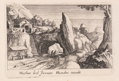 Par de figuras caminhando sob uma ponte de pedra, de Topographia Variarum Regionum de Simon Frisius