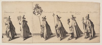 Procissão de seis pessoas precedida por um cavalo, de O funeral de Brederode de Simon Frisius