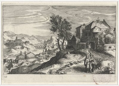 Vale do rio com edifícios Paisagens do sul da Europa (título da série) Topographia variaum regionum (título da série) de Simon Frisius