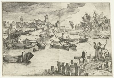 Paisagem fluvial com uma cidade ao fundo Paisagens com figuras (título da série) de Simon Frisius