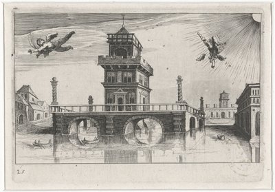 Vista da cidade com Ícaro e Dédalo Paisagens do sul da Europa (título da série) Topographia variaum regionum (título da série) de Simon Frisius