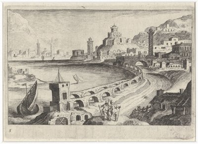 Arquitetura da cidade com um aqueduto Paisagens do sul da Europa (título da série) Topographia variaum regionum (título da série) de Simon Frisius