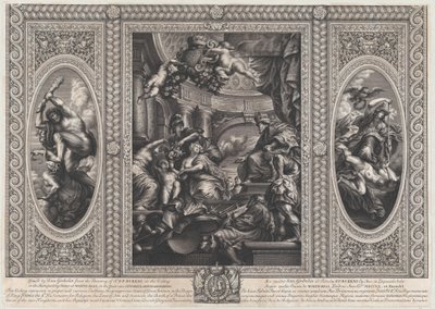 Uma cena alegórica mostrando os benefícios do reinado de James no centro, Wise Government vagabundo..., 1720. de Simon Gribelin