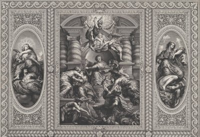 James I nomeando Charles como Rei da Escócia no centro, Minerva lançando Ignorance no ri..., 1720. de Simon Gribelin
