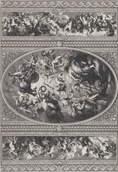 A apoteose de Jaime I em oval no centro, frisos com putti e guirlandas em ambos ..., 1720. de Simon Gribelin