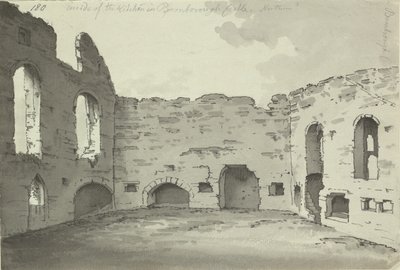 Castelo de Bamburgh, ruínas de cozinha, Adicionar. 15542, f.180, c.1780 (lavagem com caneta e tinta sobre papel) de Simon H. Grimm