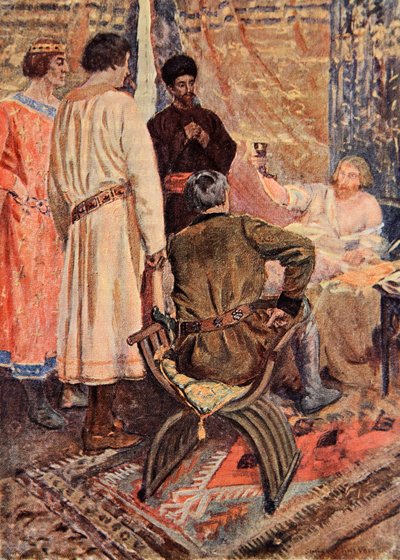 Ricardo Coração de Leão levantou-se em sua cama e pegou um copo na mão, ilustração de "O Talismã: Um Conto dos Cruzados", de Sir Walter Scott de Simon Harmon Vedder