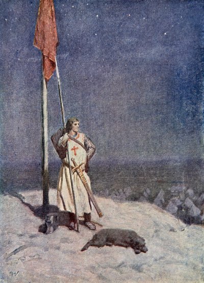 O cavaleiro está de guarda no Monte de St. George com a bandeira da Inglaterra, ilustração de "O Talismã: Um Conto dos Cruzados", de Sir Walter Scott de Simon Harmon Vedder