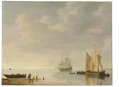Cena costeira com navios descansando em águas calmas de Simon Jacobsz. Vlieger